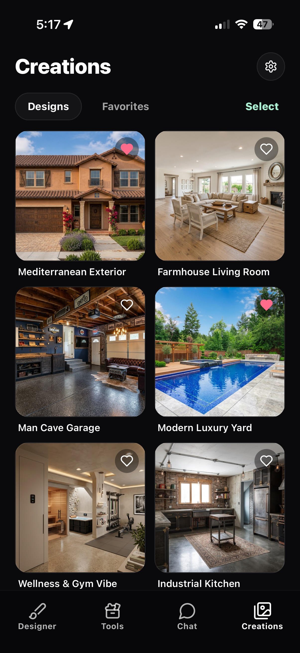 StyleHome AI Creations gallery, dark mode
